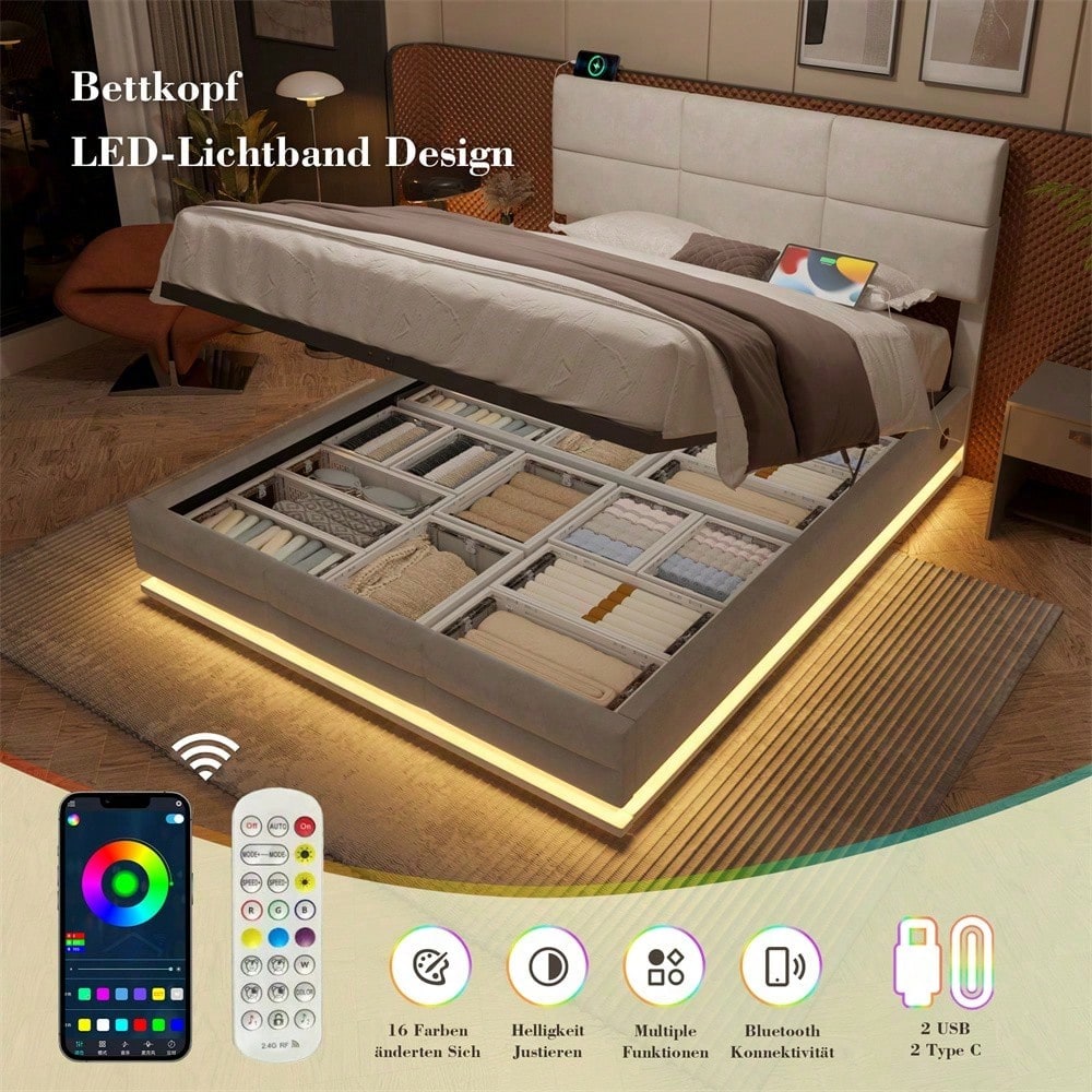 Beiges Velours-Polsterbett 160x200 cm – Höhenverstellbares Kopfteil mit LED-Beleuchtung, USB-C, hydraulischem Lift & XXL-Stauraum