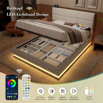 Beiges Velours-Polsterbett 160x200 cm – Höhenverstellbares Kopfteil mit LED-Beleuchtung, USB-C, hydraulischem Lift & XXL-Stauraum