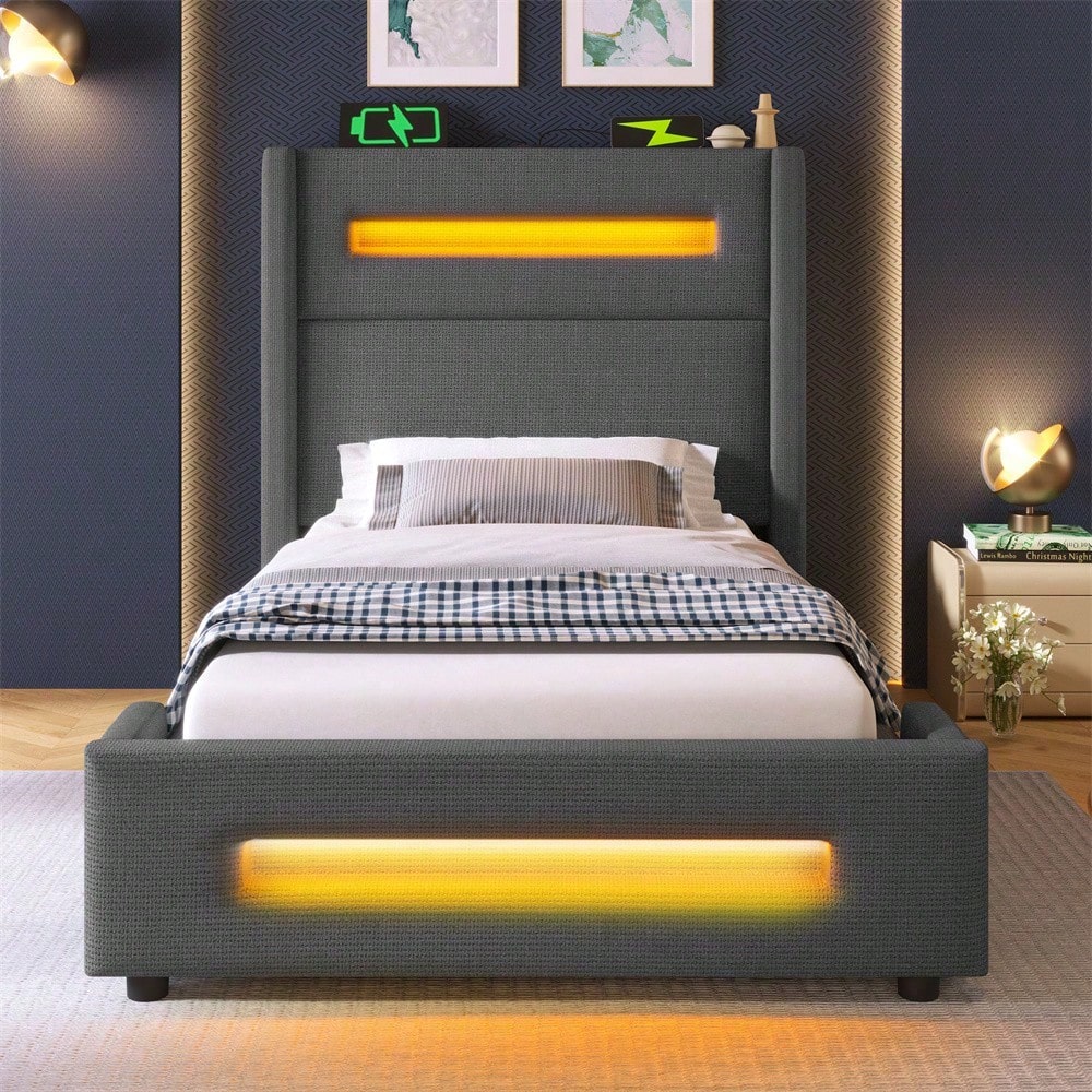Graues Polsterbett 90x200 cm mit LED & USB-C – Jugendbett mit hydraulischem Stauraum, Metallrahmen & inkl. Matratze (Leinenbezug)