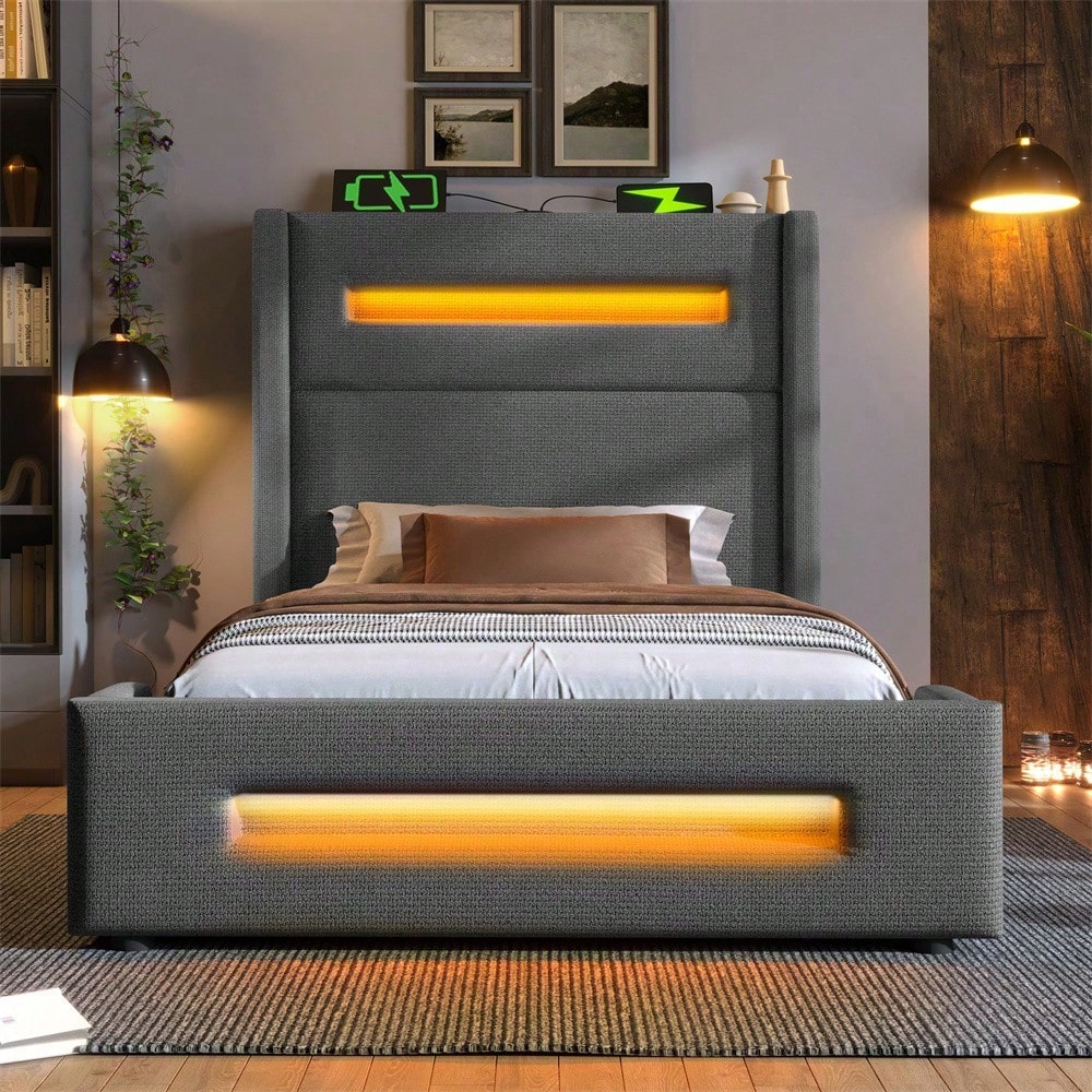 Graues Polsterbett 90x200 cm mit LED & USB-C – Jugendbett mit hydraulischem Stauraum, Metallrahmen & inkl. Matratze (Leinenbezug)