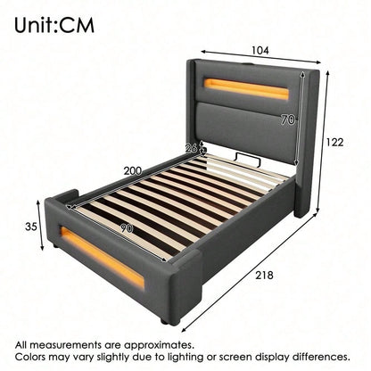 Graues Polsterbett 90x200 cm mit LED & USB-C – Jugendbett mit hydraulischem Stauraum, Metallrahmen & inkl. Matratze (Leinenbezug)