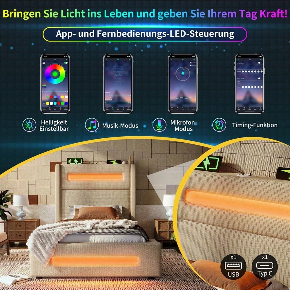 Graues Polsterbett 90x200 cm mit LED & USB-C – Jugendbett mit hydraulischem Stauraum, Metallrahmen & inkl. Matratze (Leinenbezug)
