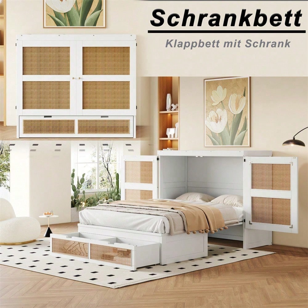 Weißes Schrankbett 140x200 cm mit Lattenrost & Stauraum – Platzsparendes Wandklappbett im Rattan-Design | Holz | Jugendbett / Einzelbett