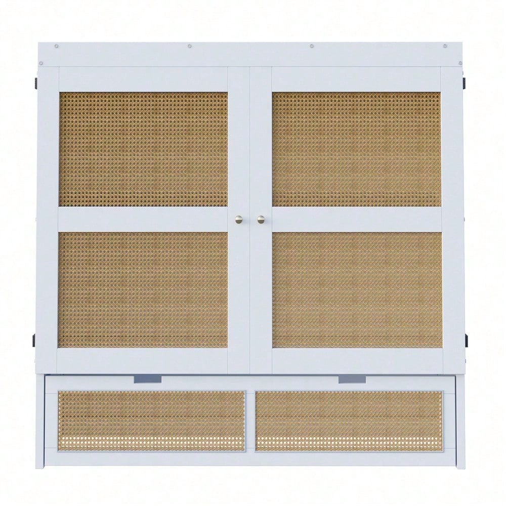 Weißes Schrankbett 140x200 cm mit Lattenrost & Stauraum – Platzsparendes Wandklappbett im Rattan-Design | Holz | Jugendbett / Einzelbett