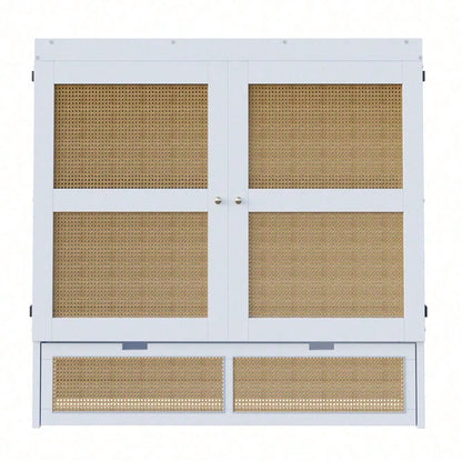 Weißes Schrankbett 140x200 cm mit Lattenrost & Stauraum – Platzsparendes Wandklappbett im Rattan-Design | Holz | Jugendbett / Einzelbett