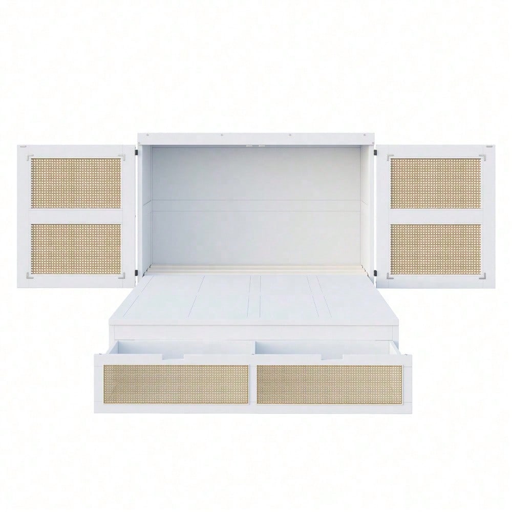 Weißes Schrankbett 140x200 cm mit Lattenrost & Stauraum – Platzsparendes Wandklappbett im Rattan-Design | Holz | Jugendbett / Einzelbett