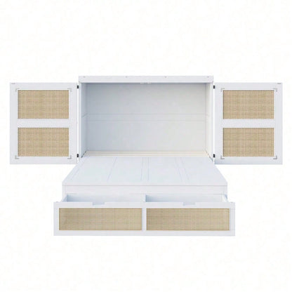 Weißes Schrankbett 140x200 cm mit Lattenrost & Stauraum – Platzsparendes Wandklappbett im Rattan-Design | Holz | Jugendbett / Einzelbett