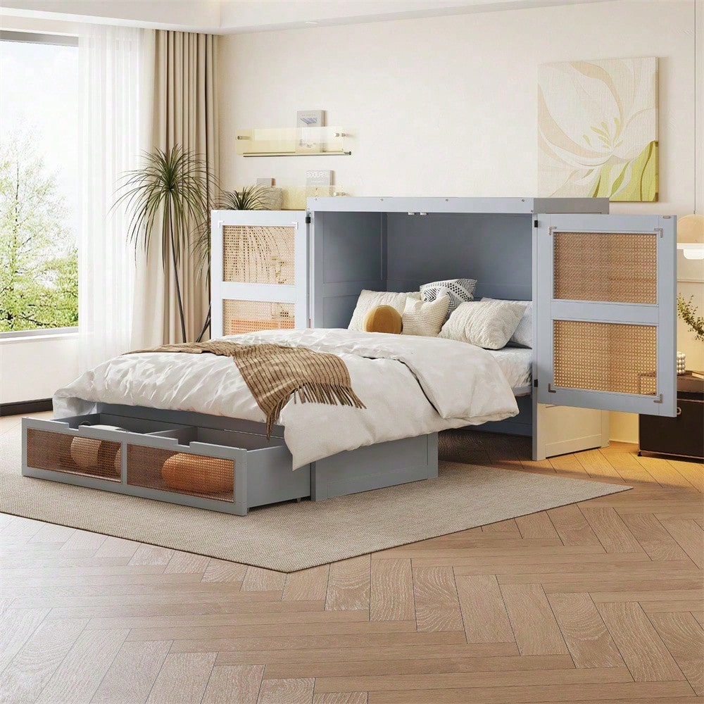 Weißes Schrankbett 140x200 cm mit Lattenrost & Stauraum – Platzsparendes Wandklappbett im Rattan-Design | Holz | Jugendbett / Einzelbett