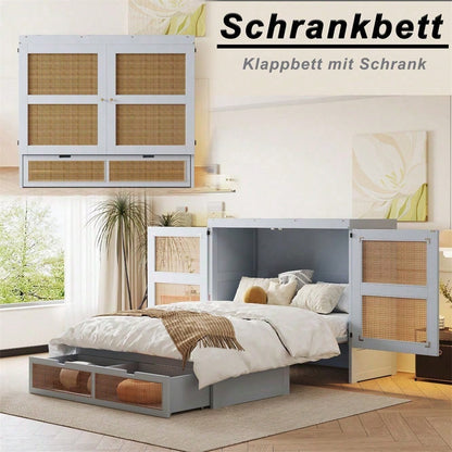 Weißes Schrankbett 140x200 cm mit Lattenrost & Stauraum – Platzsparendes Wandklappbett im Rattan-Design | Holz | Jugendbett / Einzelbett
