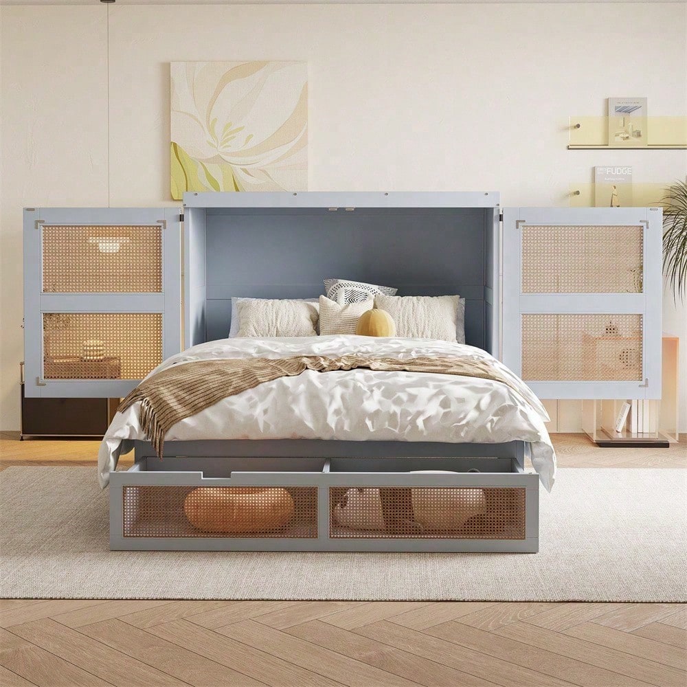 Weißes Schrankbett 140x200 cm mit Lattenrost & Stauraum – Platzsparendes Wandklappbett im Rattan-Design | Holz | Jugendbett / Einzelbett