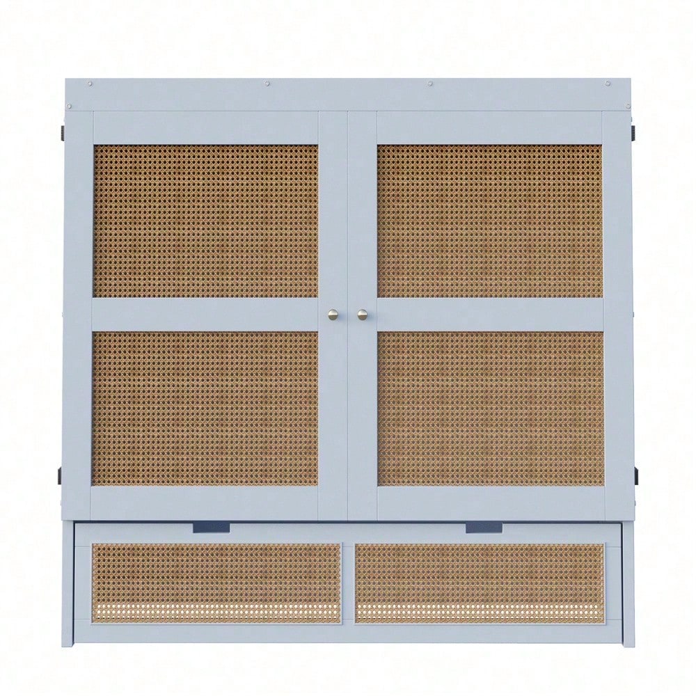 Weißes Schrankbett 140x200 cm mit Lattenrost & Stauraum – Platzsparendes Wandklappbett im Rattan-Design | Holz | Jugendbett / Einzelbett