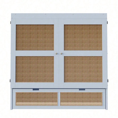 Weißes Schrankbett 140x200 cm mit Lattenrost & Stauraum – Platzsparendes Wandklappbett im Rattan-Design | Holz | Jugendbett / Einzelbett