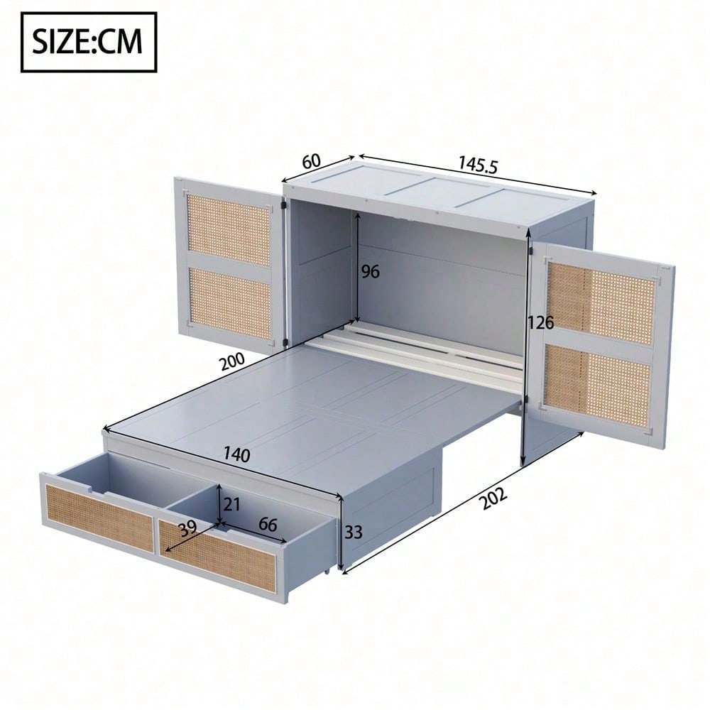 Weißes Schrankbett 140x200 cm mit Lattenrost & Stauraum – Platzsparendes Wandklappbett im Rattan-Design | Holz | Jugendbett / Einzelbett