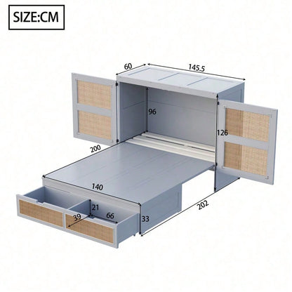 Weißes Schrankbett 140x200 cm mit Lattenrost & Stauraum – Platzsparendes Wandklappbett im Rattan-Design | Holz | Jugendbett / Einzelbett