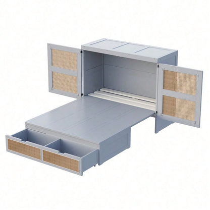 Weißes Schrankbett 140x200 cm mit Lattenrost & Stauraum – Platzsparendes Wandklappbett im Rattan-Design | Holz | Jugendbett / Einzelbett