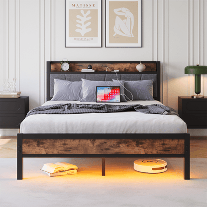 Smart Bettrahmen 140x200 cm - Mit LED-Beleuchtung & USB-Ladestation - Heavy Duty Metalllamellen, geräuschfrei, einfach montierbar