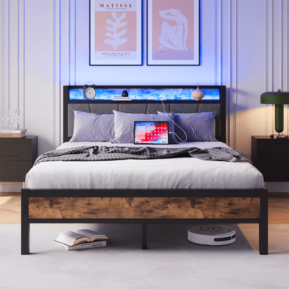 Smart Bettrahmen 140x200 cm - Mit LED-Beleuchtung & USB-Ladestation - Heavy Duty Metalllamellen, geräuschfrei, einfach montierbar
