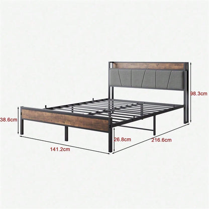 Smart Bettrahmen 140x200 cm - Mit LED-Beleuchtung & USB-Ladestation - Heavy Duty Metalllamellen, geräuschfrei, einfach montierbar