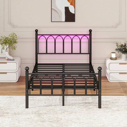 Schwarzes Vintage-Metallbett 120x200 cm - Mit USB-Ladestation & LED-Beleuchtung - Stahl-Slat Unterstützung, großer Stauraum