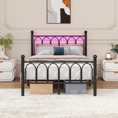 Schwarzes Vintage-Metallbett 120x200 cm - Mit USB-Ladestation & LED-Beleuchtung - Stahl-Slat Unterstützung, großer Stauraum