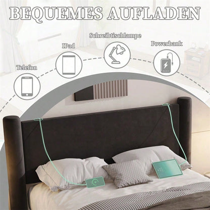 140x200 cm Bettgestell mit modernem Design, 3D-Säulen-Design, dick gepolsterte Kopfteil, 2 Stauraumschubladen und integrierte USB-Anschlüsse für praktischen Komfort und Stil im Schlafzimmer,Schwarz