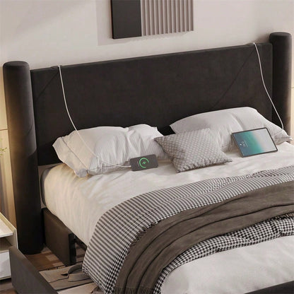 140x200 cm Bettgestell mit modernem Design, 3D-Säulen-Design, dick gepolsterte Kopfteil, 2 Stauraumschubladen und integrierte USB-Anschlüsse für praktischen Komfort und Stil im Schlafzimmer,Schwarz