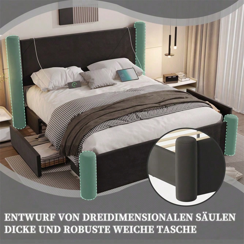 140x200 cm Bettgestell mit modernem Design, 3D-Säulen-Design, dick gepolsterte Kopfteil, 2 Stauraumschubladen und integrierte USB-Anschlüsse für praktischen Komfort und Stil im Schlafzimmer,Schwarz