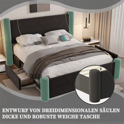 140x200 cm Bettgestell mit modernem Design, 3D-Säulen-Design, dick gepolsterte Kopfteil, 2 Stauraumschubladen und integrierte USB-Anschlüsse für praktischen Komfort und Stil im Schlafzimmer,Schwarz