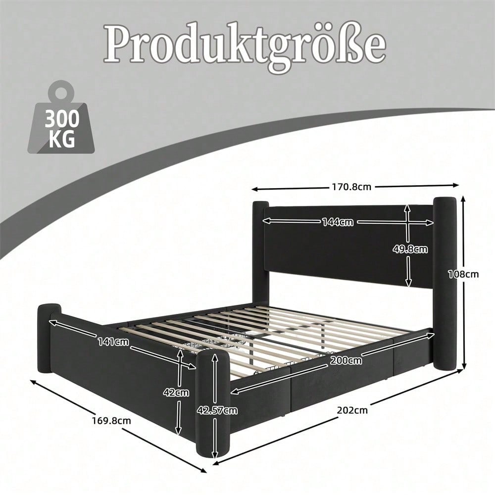 140x200 cm Bettgestell mit modernem Design, 3D-Säulen-Design, dick gepolsterte Kopfteil, 2 Stauraumschubladen und integrierte USB-Anschlüsse für praktischen Komfort und Stil im Schlafzimmer,Schwarz