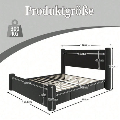 140x200 cm Bettgestell mit modernem Design, 3D-Säulen-Design, dick gepolsterte Kopfteil, 2 Stauraumschubladen und integrierte USB-Anschlüsse für praktischen Komfort und Stil im Schlafzimmer,Schwarz
