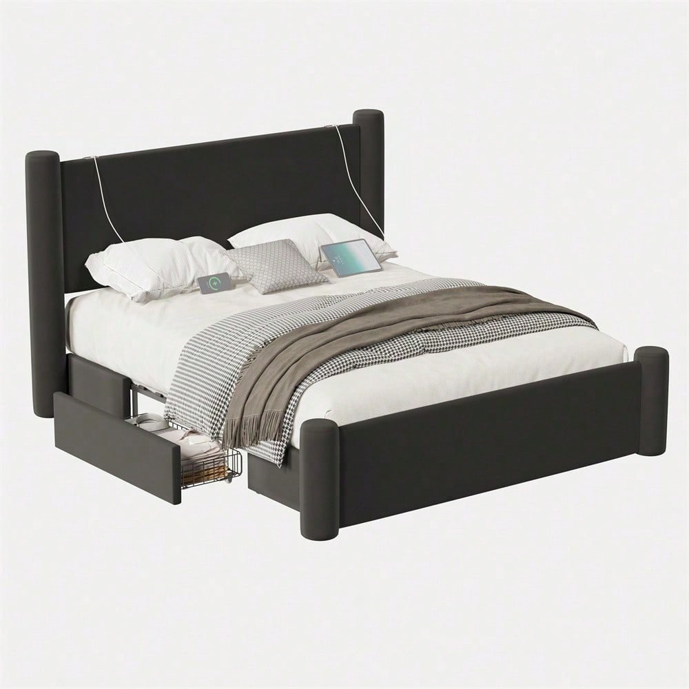 140x200 cm Bettgestell mit modernem Design, 3D-Säulen-Design, dick gepolsterte Kopfteil, 2 Stauraumschubladen und integrierte USB-Anschlüsse für praktischen Komfort und Stil im Schlafzimmer,Schwarz
