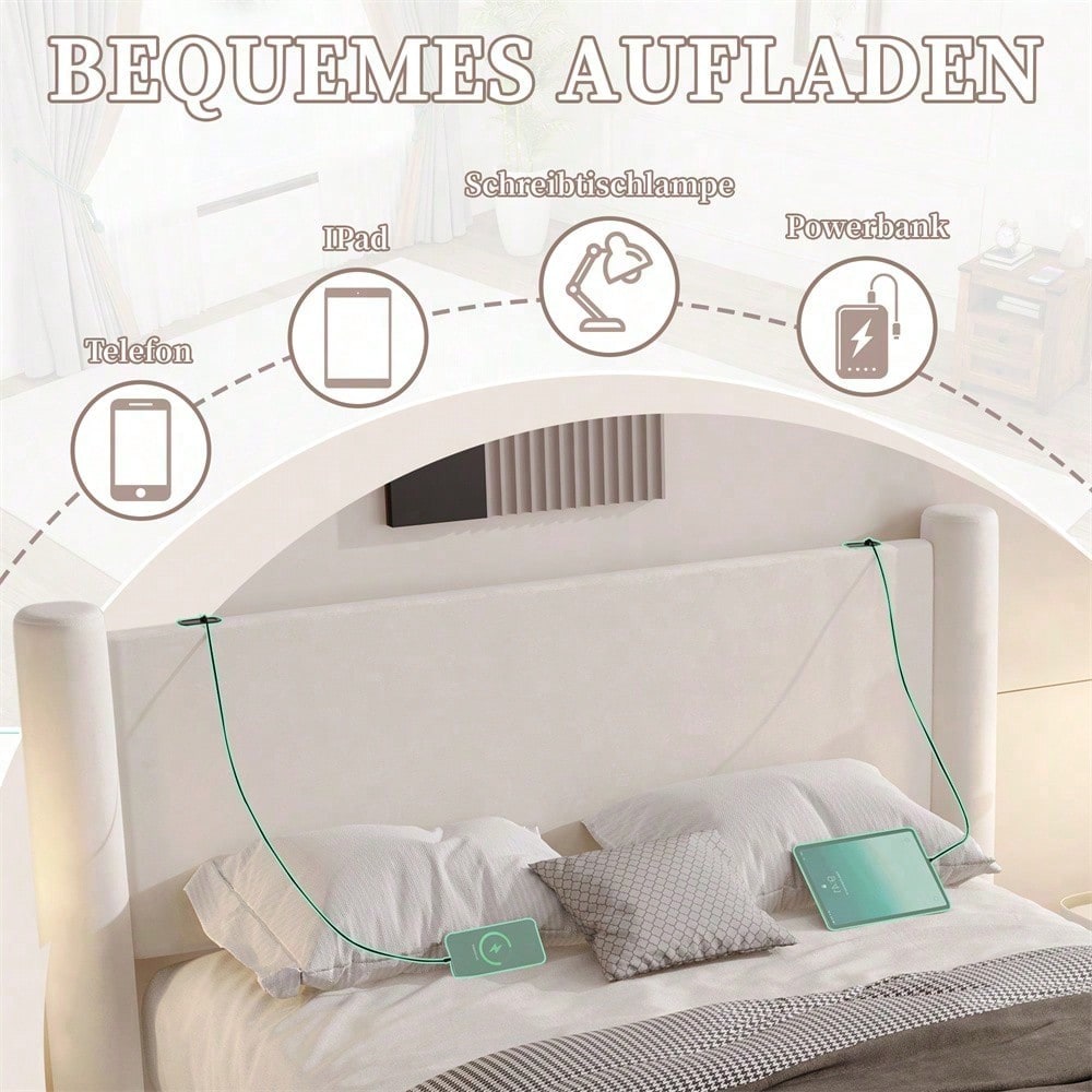 140x200 cm Bettgestell mit modernem Design, 3D-Säulen-Design, dick gepolsterte Kopfteil, 2 Stauraumschubladen und integrierte USB-Anschlüsse für praktischen Komfort und Stil im Schlafzimmer,Schwarz