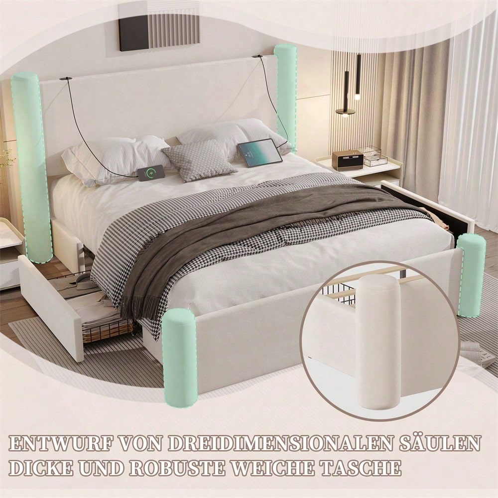 140x200 cm Bettgestell mit modernem Design, 3D-Säulen-Design, dick gepolsterte Kopfteil, 2 Stauraumschubladen und integrierte USB-Anschlüsse für praktischen Komfort und Stil im Schlafzimmer,Schwarz