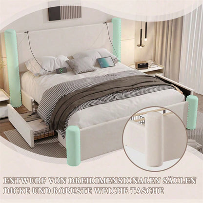 140x200 cm Bettgestell mit modernem Design, 3D-Säulen-Design, dick gepolsterte Kopfteil, 2 Stauraumschubladen und integrierte USB-Anschlüsse für praktischen Komfort und Stil im Schlafzimmer,Schwarz