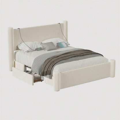 140x200 cm Bettgestell mit modernem Design, 3D-Säulen-Design, dick gepolsterte Kopfteil, 2 Stauraumschubladen und integrierte USB-Anschlüsse für praktischen Komfort und Stil im Schlafzimmer,Schwarz