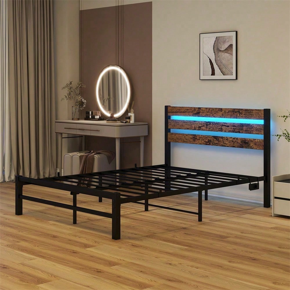 120x200cm Bettrahmen mit Kopfplatte, Metallbettrahmen mit USB-Ladestation, LED-Bettrahmen, Starke Stahlschicht-Unterstützung, Unter Bettlagerung, Keine Boxfeder erforderlich, Lärmfrei, Einfache Montag