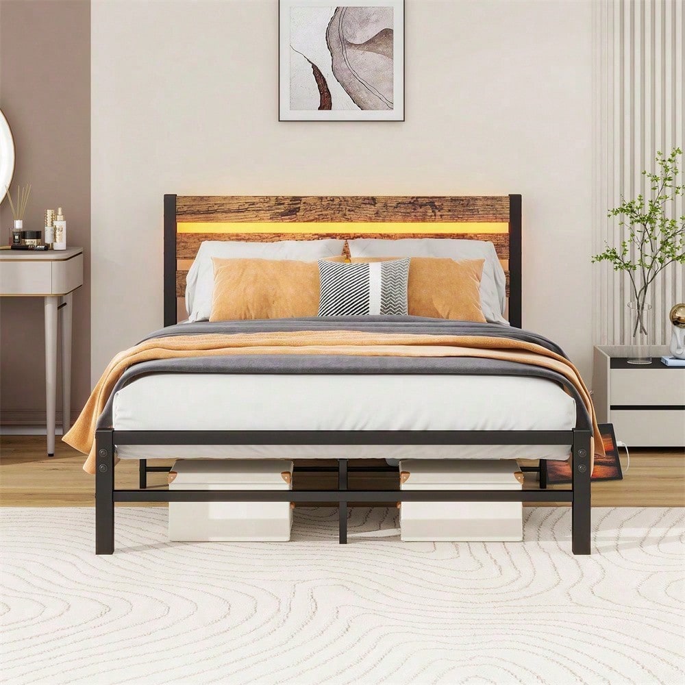120x200cm Bettrahmen mit Kopfplatte, Metallbettrahmen mit USB-Ladestation, LED-Bettrahmen, Starke Stahlschicht-Unterstützung, Unter Bettlagerung, Keine Boxfeder erforderlich, Lärmfrei, Einfache Montag
