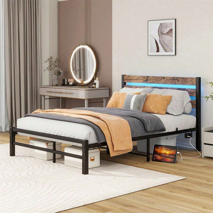 120x200cm Bettrahmen mit Kopfplatte, Metallbettrahmen mit USB-Ladestation, LED-Bettrahmen, Starke Stahlschicht-Unterstützung, Unter Bettlagerung, Keine Boxfeder erforderlich, Lärmfrei, Einfache Montag