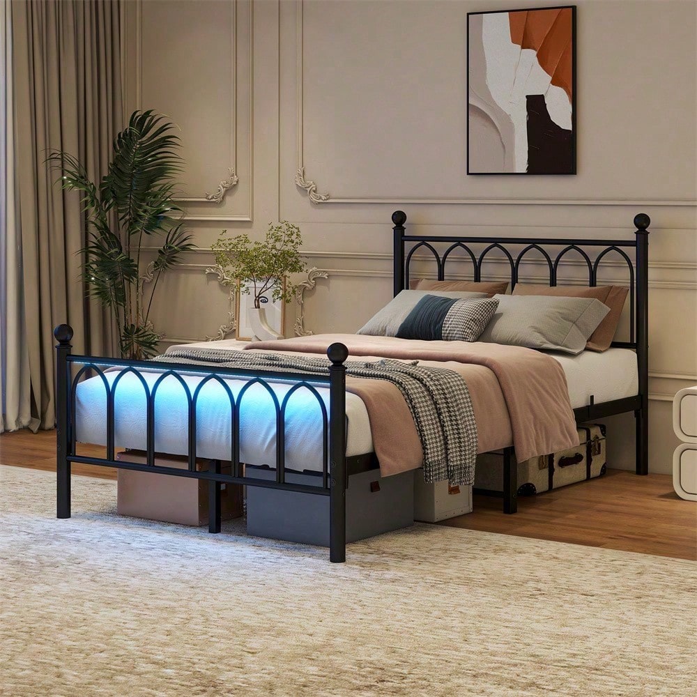 120x200cm Metall-Bettrahmen mit Vintage Kopf und Fußplatte, USB-Ladestation, LED-Bettrahmen, Heavy Duty Stahl Slat Unterstützung, Reichweite Unterbett-Speicher, Keine Box-Feder erforderlich, Weiß