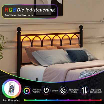 120x200cm Metall-Bettrahmen mit Vintage Kopf und Fußplatte, USB-Ladestation, LED-Bettrahmen, Heavy Duty Stahl Slat Unterstützung, Reichweite Unterbett-Speicher, Keine Box-Feder erforderlich, Weiß