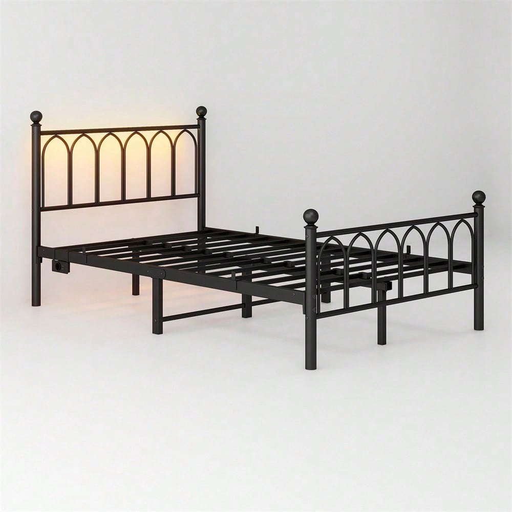 120x200cm Metall-Bettrahmen mit Vintage Kopf und Fußplatte, USB-Ladestation, LED-Bettrahmen, Heavy Duty Stahl Slat Unterstützung, Reichweite Unterbett-Speicher, Keine Box-Feder erforderlich, Weiß