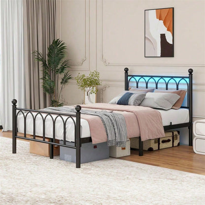 120x200cm Metall-Bettrahmen mit Vintage Kopf und Fußplatte, USB-Ladestation, LED-Bettrahmen, Heavy Duty Stahl Slat Unterstützung, Reichweite Unterbett-Speicher, Keine Box-Feder erforderlich, Weiß