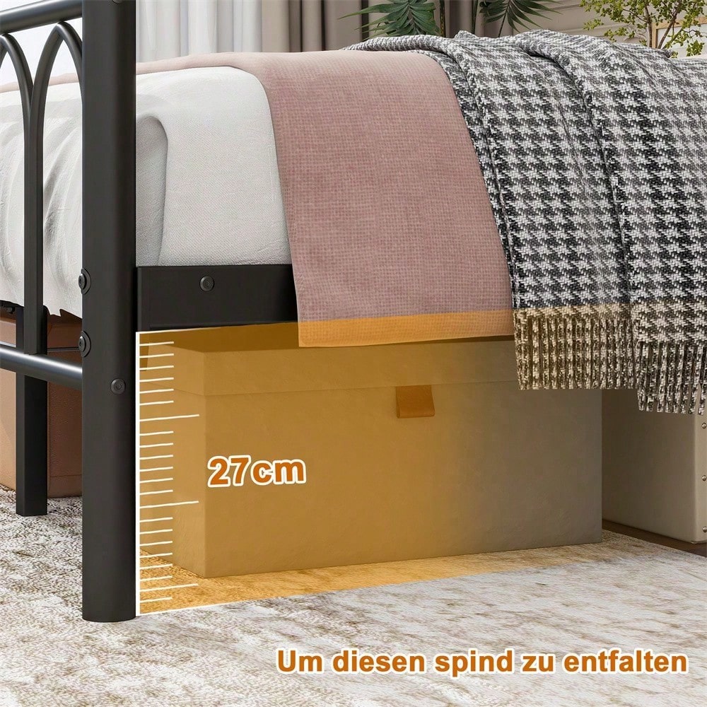 120x200cm Metall-Bettrahmen mit Vintage Kopf und Fußplatte, USB-Ladestation, LED-Bettrahmen, Heavy Duty Stahl Slat Unterstützung, Reichweite Unterbett-Speicher, Keine Box-Feder erforderlich, Weiß
