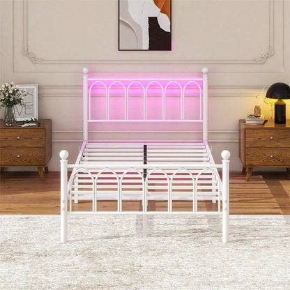 120x200cm Metall-Bettrahmen mit Vintage Kopf und Fußplatte, USB-Ladestation, LED-Bettrahmen, Heavy Duty Stahl Slat Unterstützung, Reichweite Unterbett-Speicher, Keine Box-Feder erforderlich, Weiß