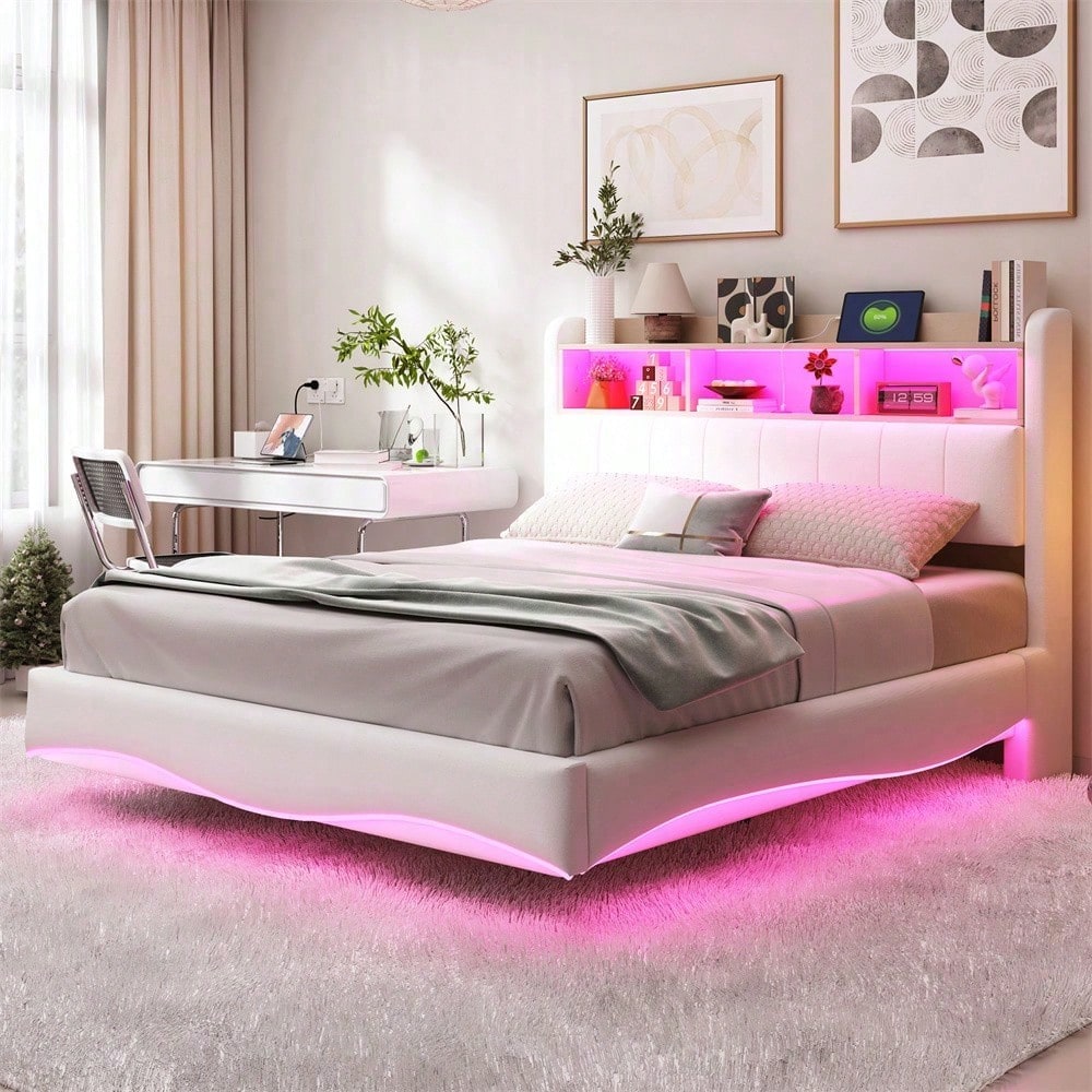 Abgehängtes Design Polsterbett 140*200 aus Leinenstoff, multifunktionales Stauraumbett mit LED-Licht, USB- und TYPE-C-Schnittstelle Beige