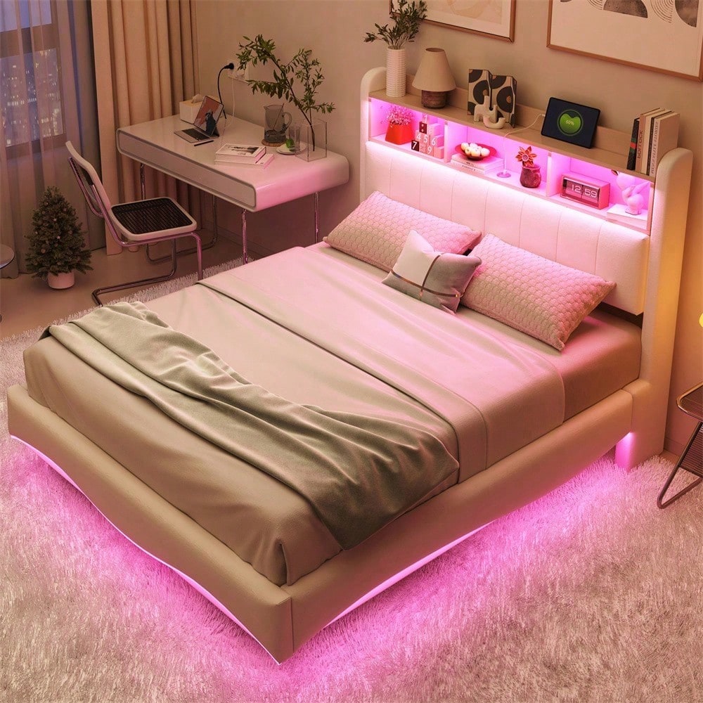 Abgehängtes Design Polsterbett 140*200 aus Leinenstoff, multifunktionales Stauraumbett mit LED-Licht, USB- und TYPE-C-Schnittstelle Beige
