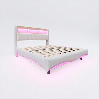 Abgehängtes Design Polsterbett 140*200 aus Leinenstoff, multifunktionales Stauraumbett mit LED-Licht, USB- und TYPE-C-Schnittstelle Beige