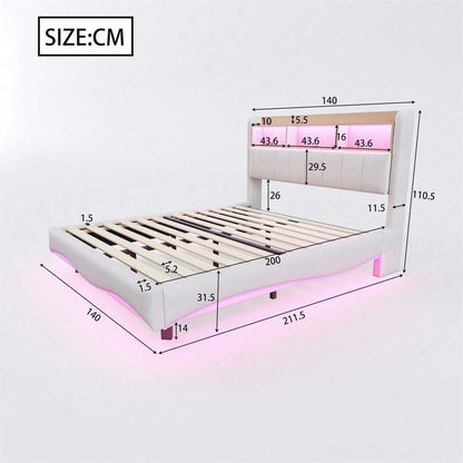 Abgehängtes Design Polsterbett 140*200 aus Leinenstoff, multifunktionales Stauraumbett mit LED-Licht, USB- und TYPE-C-Schnittstelle Beige