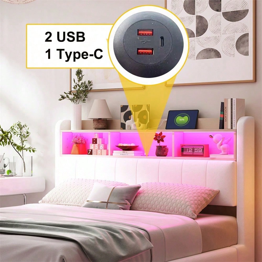 Abgehängtes Design Polsterbett 140*200 aus Leinenstoff, multifunktionales Stauraumbett mit LED-Licht, USB- und TYPE-C-Schnittstelle Beige