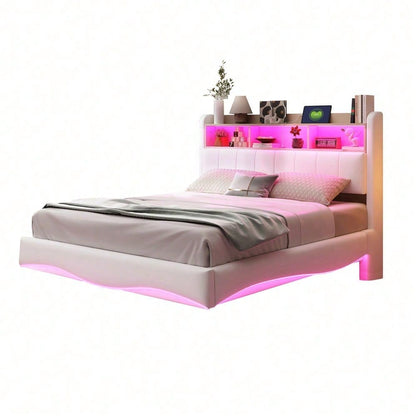 Abgehängtes Design Polsterbett 140*200 aus Leinenstoff, multifunktionales Stauraumbett mit LED-Licht, USB- und TYPE-C-Schnittstelle Beige